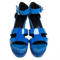 Pre Owned Hermes Blue Suede And Patent Leather Ilana Espadrille Wedge Sandals Size 40