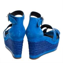 Pre Owned Hermes Blue Suede And Patent Leather Ilana Espadrille Wedge Sandals Size 40