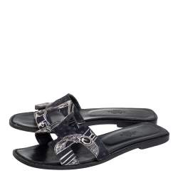 Hermes Black Printed Canvas Oran Sandals Size 37
