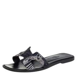 Hermes Black Printed Canvas Oran Sandals Size 37