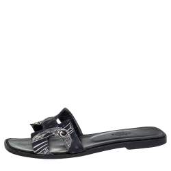 Hermes Black Printed Canvas Oran Sandals Size 37