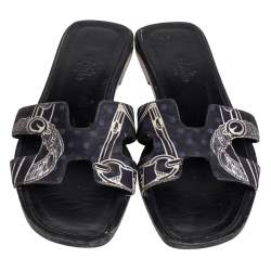 Hermes Black Printed Canvas Oran Sandals Size 37