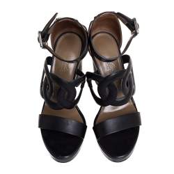 Pre Owned Hermes Black Leather Block Heels Ankle Strap Sandals Size 38