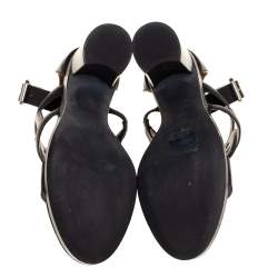 Pre Owned Hermes Black Leather Block Heels Ankle Strap Sandals Size 38