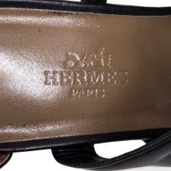 Pre Owned Hermes Black Leather Block Heels Ankle Strap Sandals Size 38
