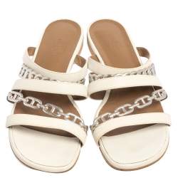 Hermes White/Sliver Leather Amalfi Slide Sandals Size 40.5