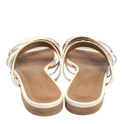 Hermes White/Sliver Leather Amalfi Slide Sandals Size 40.5