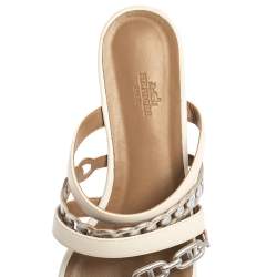 Hermes White/Sliver Leather Amalfi Slide Sandals Size 40.5