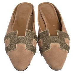 Pre Owned Hermes Beige Suede Roxane Flat Mule Sandals Size 40