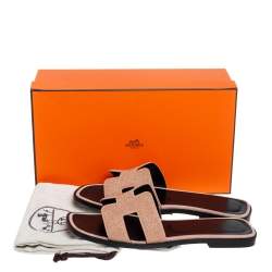 Pre Owned Hermes Beige Glitter Oran Flat Slides Size 37.5
