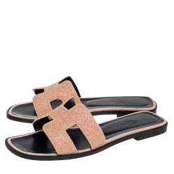 Pre Owned Hermes Beige Glitter Oran Flat Slides Size 37.5