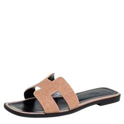 Pre Owned Hermes Beige Glitter Oran Flat Slides Size 37.5