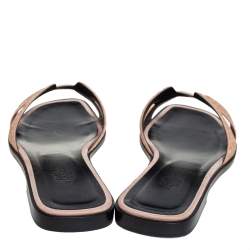 Pre Owned Hermes Beige Glitter Oran Flat Slides Size 37.5