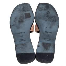 Pre Owned Hermes Beige Glitter Oran Flat Slides Size 37.5