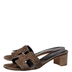 Pre Owned Hermès Brown Suede Leopard Print Oasis Sandals Size 39