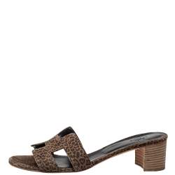 Pre Owned Hermès Brown Suede Leopard Print Oasis Sandals Size 39