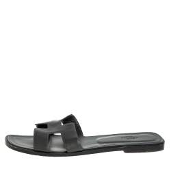 Pre Owned Hermés Grey Leather Oran Flat Slides Size 41.5 