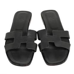 Pre Owned Hermés Grey Leather Oran Flat Slides Size 41.5 