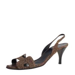 Pre Owned Hermes Brown Leopard Print Suede Night Slingback Sandals Size 37.5