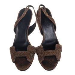 Pre Owned Hermes Brown Leopard Print Suede Night Slingback Sandals Size 37.5