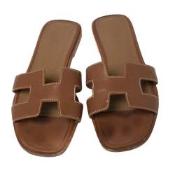Pre Owned Hermes Brown Leather Oran Flat Sandals Size 37