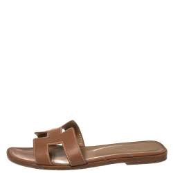Pre Owned Hermes Brown Leather Oran Flat Sandals Size 37