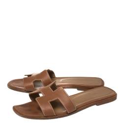 Pre Owned Hermes Brown Leather Oran Flat Sandals Size 37