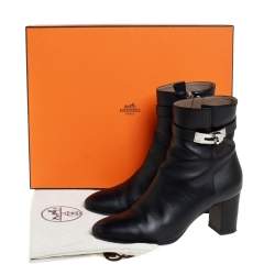 Pre Owned Hermes Black Leather Kelly Ankle Boots Size 37.5
