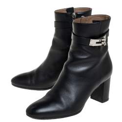 Pre Owned Hermes Black Leather Kelly Ankle Boots Size 37.5