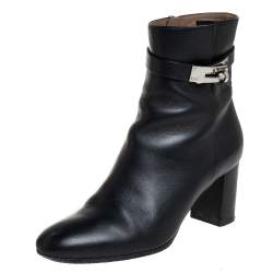 Pre Owned Hermes Black Leather Kelly Ankle Boots Size 37.5