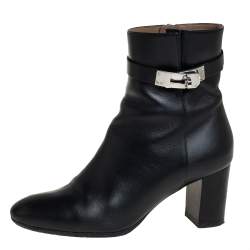 Pre Owned Hermes Black Leather Kelly Ankle Boots Size 37.5