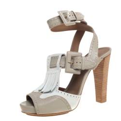 Hermes Grey/White Leather Fringe Platform Sandals Size 40