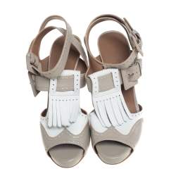 Hermes Grey/White Leather Fringe Platform Sandals Size 40