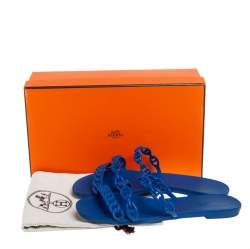 Pre Owned Hermés Blue Rubber Chaîne d'Ancre Rivage Flat Slides Size 37
