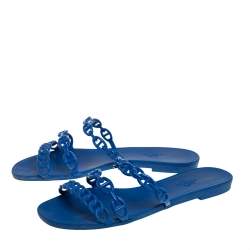 Pre Owned Hermés Blue Rubber Chaîne d'Ancre Rivage Flat Slides Size 37