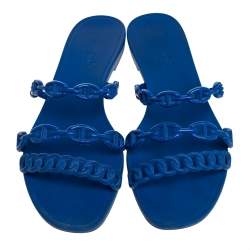 Pre Owned Hermés Blue Rubber Chaîne d'Ancre Rivage Flat Slides Size 37