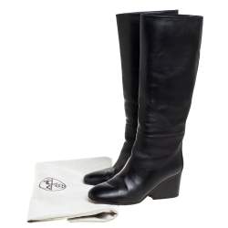 Pre Owned Hermes Black Leather Knee Length Boots Size 38
