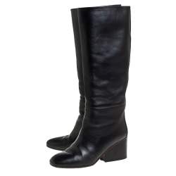 Pre Owned Hermes Black Leather Knee Length Boots Size 38