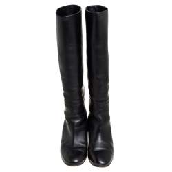 Pre Owned Hermes Black Leather Knee Length Boots Size 38