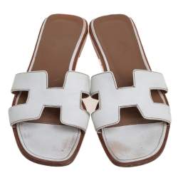 Pre Owned Hermes White Leather Oran Sandals Size 36