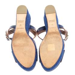 Pre Owned Hermes Blue Glossy Leather Perforated Espadrille Wedge Sandals Size 39