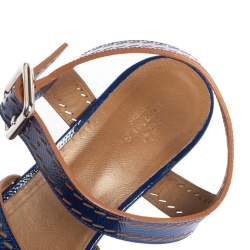 Pre Owned Hermes Blue Glossy Leather Perforated Espadrille Wedge Sandals Size 39
