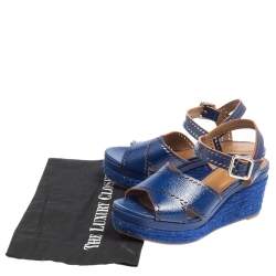 Pre Owned Hermes Blue Glossy Leather Perforated Espadrille Wedge Sandals Size 39