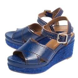 Pre Owned Hermes Blue Glossy Leather Perforated Espadrille Wedge Sandals Size 39