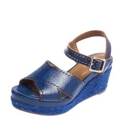 Pre Owned Hermes Blue Glossy Leather Perforated Espadrille Wedge Sandals Size 39