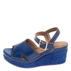 Pre Owned Hermes Blue Glossy Leather Perforated Espadrille Wedge Sandals Size 39