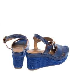 Pre Owned Hermes Blue Glossy Leather Perforated Espadrille Wedge Sandals Size 39