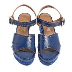 Pre Owned Hermes Blue Glossy Leather Perforated Espadrille Wedge Sandals Size 39