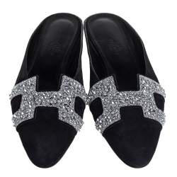 Pre Owned Hermes Black/Silver Suede And Crystal Roxane Mules Size 37