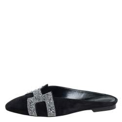 Pre Owned Hermes Black/Silver Suede And Crystal Roxane Mules Size 37